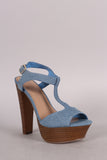 Breckelle Denim T-Strap Peep Toe Platform Heel