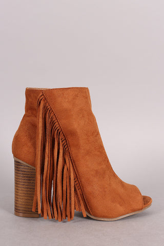 Wild Diva Lounge Suede Fringe Peep Toe Chunky Heel Booties