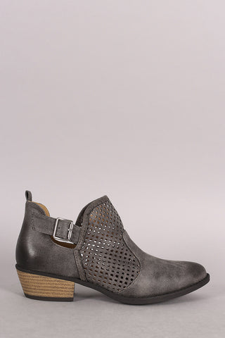 Qupid Perforated Suede Buckled Cowgirl Booties