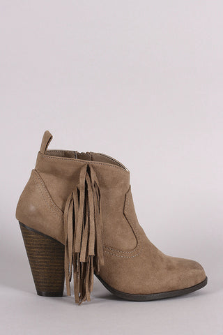 Qupid Suede Side Fringe Chunky Heeled Ankle Boots