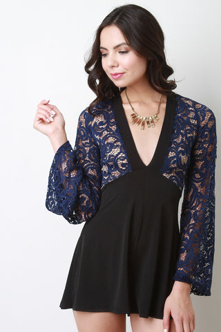 Combination V-Neck Lace Romper