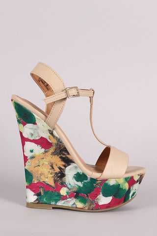 Bamboo T-Strap Watercolor Print Platform Wedge