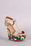 Bamboo T-Strap Watercolor Print Platform Wedge