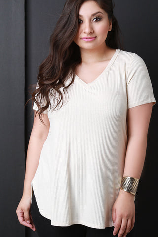 Ribbed Knit V-Neck Short Sleeve High-Low Top