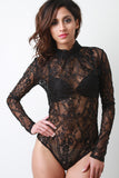 Semi-Sheer Floral Lace Mock Neck Long Sleeve Bodysuit