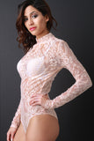 Semi-Sheer Floral Lace Mock Neck Long Sleeve Bodysuit