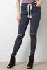 Drawstring Slit Knee Skinny Pants