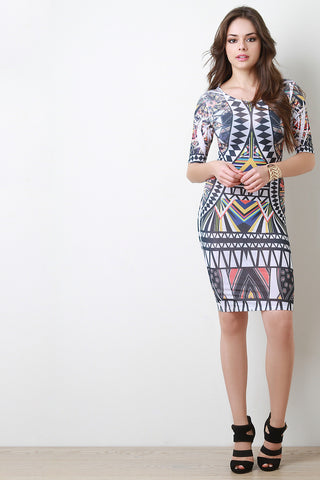 Semi-Sheer Tribal Print Midi Dress