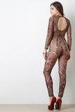 Open Back Mesh Long Sleevwe Tribal Jumpsuit