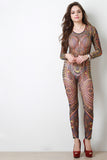 Open Back Mesh Long Sleevwe Tribal Jumpsuit