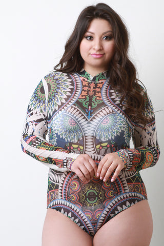 Semi-Sheer Mesh Kaleidoscope Print Long Sleeve Bodysuit