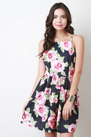 Floral Print Open Back Skater Dress