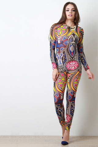 Semi-Sheer Tribal Mesh Long Sleeve Jumpsuit