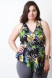 Tropical Print V-Neck Asymmetrical Peplum Top