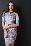 Square Neckline Floral Print Body Con Dress