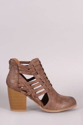 Qupid Open Side Woven Strap Chunky Heel Bootie