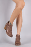 Qupid Open Side Woven Strap Chunky Heel Bootie