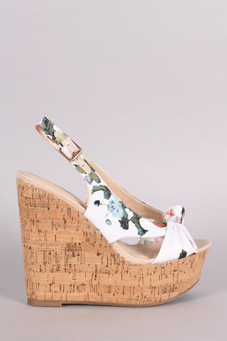 Wild Diva Lounge Knotted Satin Floral Slingback Platform Wedge