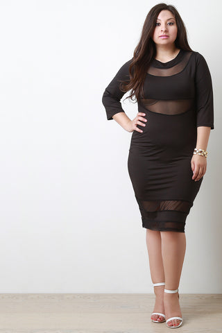 Mesh Contrast Quarter Sleeve Bodycon Midi Dress