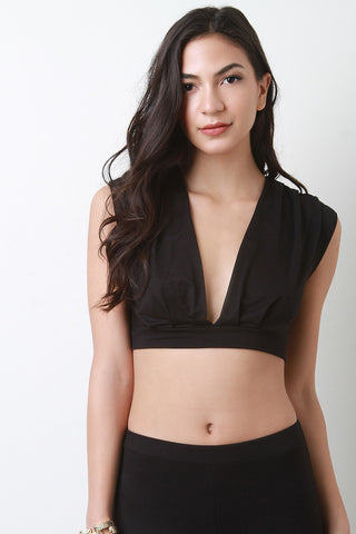 Plunging V Pleated Shoulder Crop Top