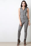 Marled Ribbed Knit Hooded Jumpsuit