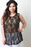 Semi-Sheer Floral Lace Keyhole Sleeveless Top