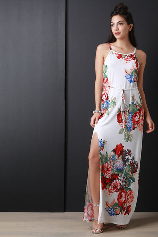 Floral Print Deep Slit Sleeveless Waist-Tie Maxi Dress