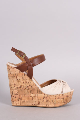 Bamboo Gathered Peep Toe Cork Wedge