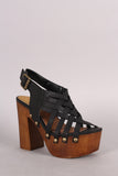 Qupid Woven Strappy Chunky Wooden Platform Heel