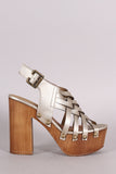 Qupid Woven Strappy Chunky Wooden Platform Heel