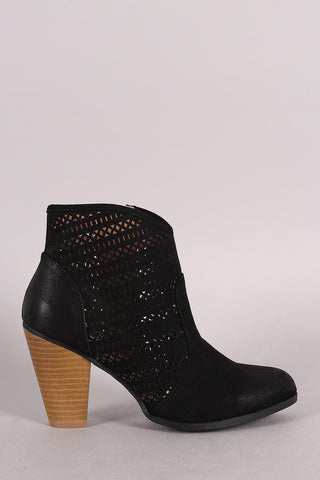 Qupid Perforated Suede Cowgirl Chunky Heeled Booties