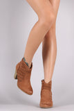 Qupid Perforated Suede Cowgirl Chunky Heeled Booties