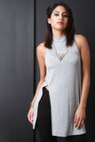 Mock Neck Side Slit Sleeveless Tunic