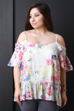 Floral Pirnt Cold Shoulder Ruffle Hem Top