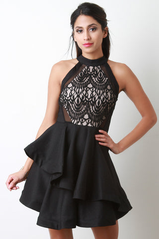 Semi-Sheer Lace Mock Neck Asymmetrical Ruffled Mini Dress