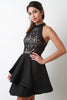 Semi-Sheer Lace Mock Neck Asymmetrical Ruffled Mini Dress