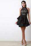 Semi-Sheer Lace Mock Neck Asymmetrical Ruffled Mini Dress