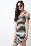 Striped Ribbed Knit Cold Shoulder Dress