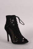 Anne Michelle Nubuck Caged Lace Up Peep Toe Booties