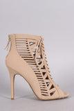 Anne Michelle Nubuck Caged Lace Up Peep Toe Booties