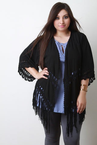 Solid Macrame Knit Fringe Kimono