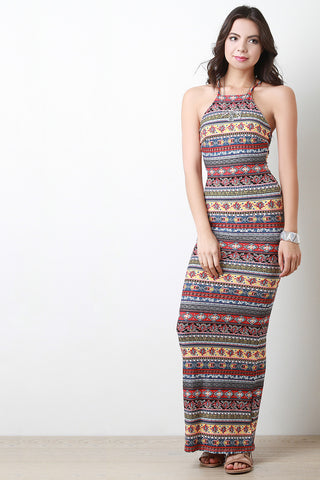 Lace Up Back Printed Maxi Dress