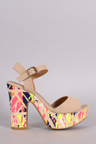 Bamboo Watercolor Print Ankle Strap Chunky Platform Heel