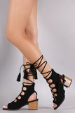 Qupid Side Fringe Lace Up Chunky Heel