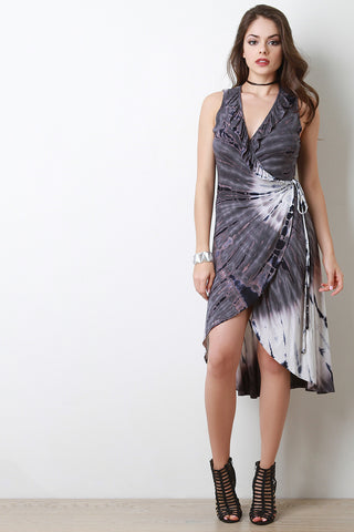 Tie Dye Ruffle Neck Wrap Dress