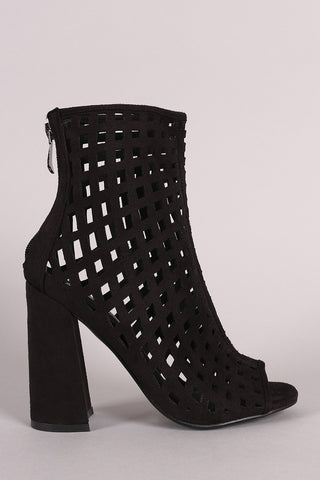 Suede Perforated Peep Toe Chunky Heeled Booties