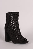 Suede Perforated Peep Toe Chunky Heeled Booties