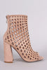 Suede Perforated Peep Toe Chunky Heeled Booties