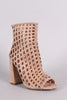 Suede Perforated Peep Toe Chunky Heeled Booties