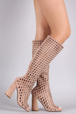 Suede Perforated Peep Toe Chunky Heeled Boots